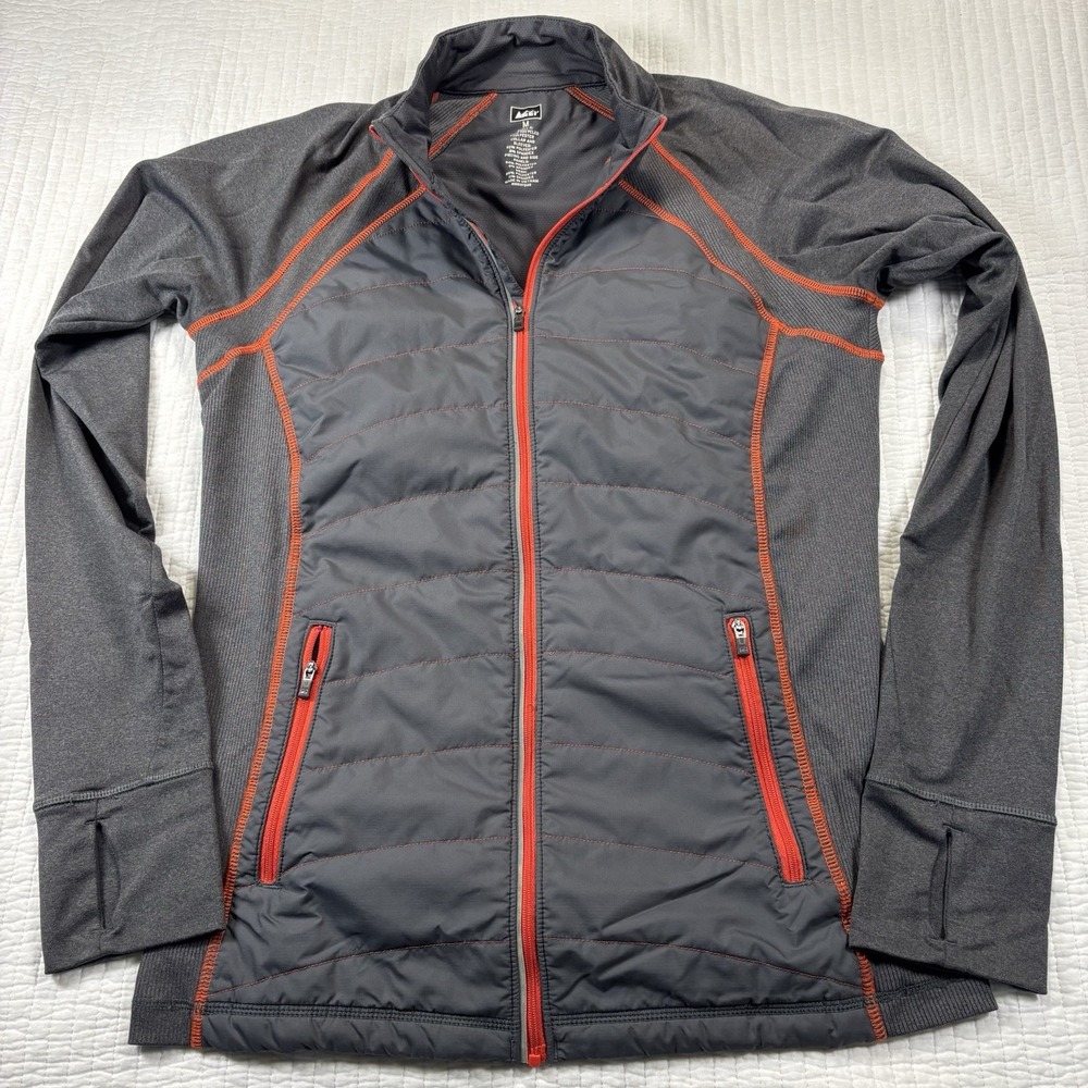 REI Hybrid Quilted Jacket Women Size M Gray Orange Full Zip Thumbholes Hiking
